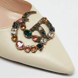 Gucci Cream Leather Unia Crystal Embellished Mules Size 38