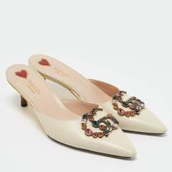 Gucci Cream Leather Unia Crystal Embellished Mules Size 38