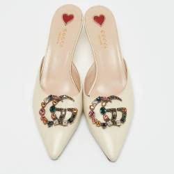 Gucci Cream Leather Unia Crystal Embellished Mules Size 38