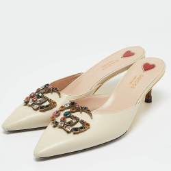 Gucci Cream Leather Unia Crystal Embellished Mules Size 38