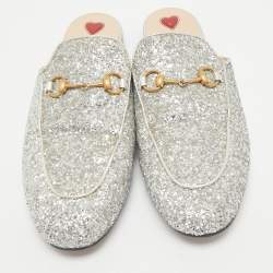 Gucci Silver Glitter Princetown Horsebit Flat Mules Size 40