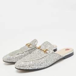 Gucci Silver Glitter Princetown Horsebit Flat Mules Size 40