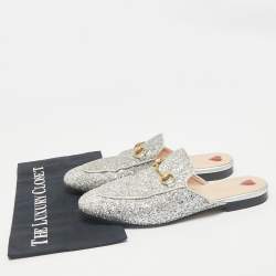 Gucci Silver Glitter Princetown Horsebit Flat Mules Size 40