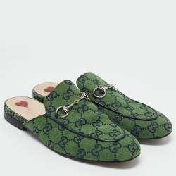 Gucci Green/Navy Blue GG Canvas Princetown Horsebit Flat Mules Size 38