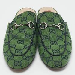 Gucci Green/Navy Blue GG Canvas Princetown Horsebit Flat Mules Size 38