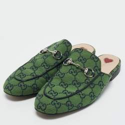 Gucci Green/Navy Blue GG Canvas Princetown Horsebit Flat Mules Size 38