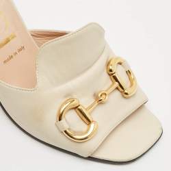Gucci Off White Leather Horsebit Block Heel Slide Sandals Size 39