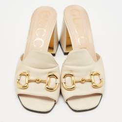 Gucci Off White Leather Horsebit Block Heel Slide Sandals Size 39