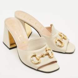 Gucci Off White Leather Horsebit Block Heel Slide Sandals Size 39