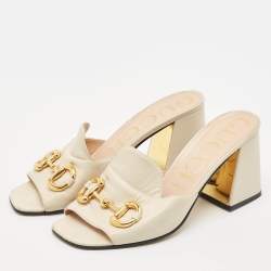 Gucci Off White Leather Horsebit Block Heel Slide Sandals Size 39