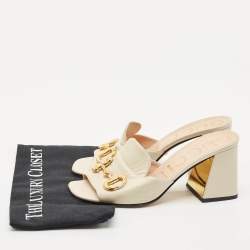 Gucci Off White Leather Horsebit Block Heel Slide Sandals Size 39