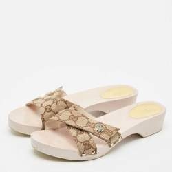 Pre Owned Gucci Beige GG Canvas Wooden Slide Sandals Size 38.5