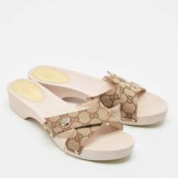 Pre Owned Gucci Beige GG Canvas Wooden Slide Sandals Size 38.5