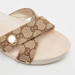 Pre Owned Gucci Beige GG Canvas Wooden Slide Sandals Size 38.5