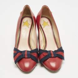 Gucci Red Leather Web Bow Block Heel Pumps Size 36.5