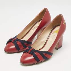 Gucci Red Leather Web Bow Block Heel Pumps Size 36.5