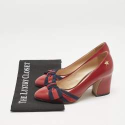 Gucci Red Leather Web Bow Block Heel Pumps Size 36.5