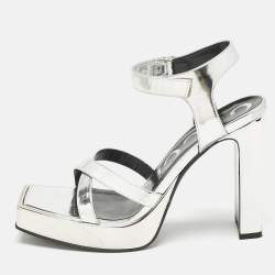 Gucci Silver Leather Buckle Crystal Embellished Ankle Strap Platform Sandals Size 36