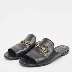 Gucci Black Leather Princetown Horsebit Flat Slide Sandals Size 38