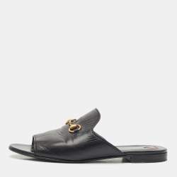 Gucci Black Leather Princetown Horsebit Flat Slide Sandals Size 38
