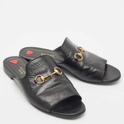 Gucci Black Leather Princetown Horsebit Flat Slide Sandals Size 38
