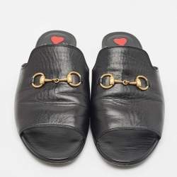 Gucci Black Leather Princetown Horsebit Flat Slide Sandals Size 38