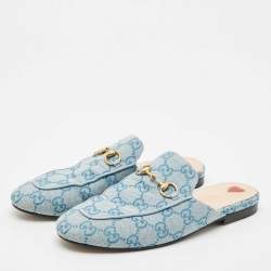 Gucci Blue GG Canvas Princetown Horsebit Flat Mules Size 37.5