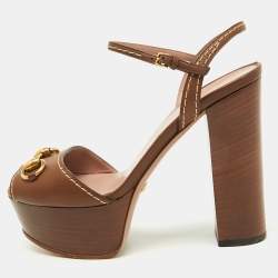 مملوكة مسبقًا Gucci Brown Leather Claudie Horsebit Platform Ankle Strap Sandals Size 35.5