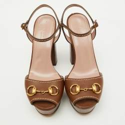 مملوكة مسبقًا Gucci Brown Leather Claudie Horsebit Platform Ankle Strap Sandals Size 35.5