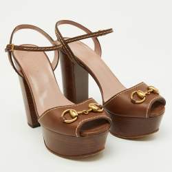 مملوكة مسبقًا Gucci Brown Leather Claudie Horsebit Platform Ankle Strap Sandals Size 35.5