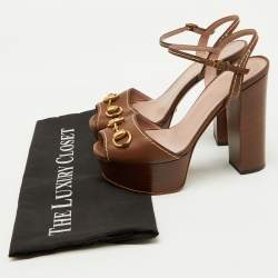 مملوكة مسبقًا Gucci Brown Leather Claudie Horsebit Platform Ankle Strap Sandals Size 35.5