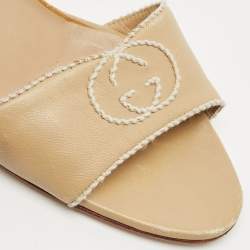 Gucci Beige Leather Stitched Interlocking G Slide Sandals Size 38.5