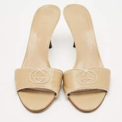 Gucci Beige Leather Stitched Interlocking G Slide Sandals Size 38.5