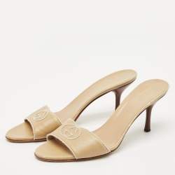 Gucci Beige Leather Stitched Interlocking G Slide Sandals Size 38.5