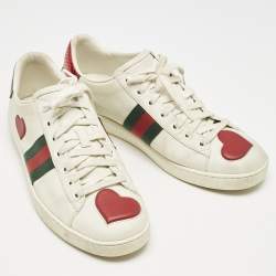 Gucci White Leather Ace Web Heart Detail Lace Up Sneaker Size 41