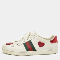 Gucci White Leather Ace Web Heart Detail Lace Up Sneaker Size 41