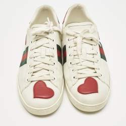 Gucci White Leather Ace Web Heart Detail Lace Up Sneaker Size 41