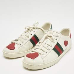 Gucci White Leather Ace Web Heart Detail Lace Up Sneaker Size 41