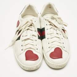 Gucci White Leather Ace Web Heart Detail Lace Up Sneakers Size 38