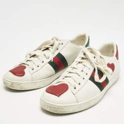 Gucci White Leather Ace Web Heart Detail Lace Up Sneakers Size 38