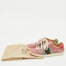 Gucci Pink Glitter and Leather Ace Web Detail Low Top Sneakers Size 36
