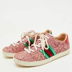 Gucci Pink Glitter and Leather Ace Web Detail Low Top Sneakers Size 36