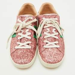 Gucci Pink Glitter and Leather Ace Web Detail Low Top Sneakers Size 36