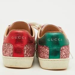 Gucci Pink Glitter and Leather Ace Web Detail Low Top Sneakers Size 36