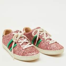 Gucci Pink Glitter and Leather Ace Web Detail Low Top Sneakers Size 36