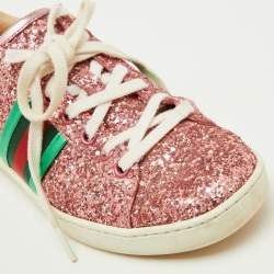 Gucci Pink Glitter and Leather Ace Web Detail Low Top Sneakers Size 36