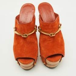 Gucci Orange Suede Horsebit Open Toe Platform Mules Size 35