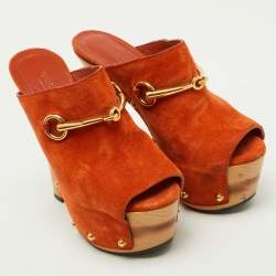 Gucci Orange Suede Horsebit Open Toe Platform Mules Size 35