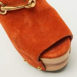Gucci Orange Suede Horsebit Open Toe Platform Mules Size 35