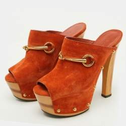 Gucci Orange Suede Horsebit Open Toe Platform Mules Size 35